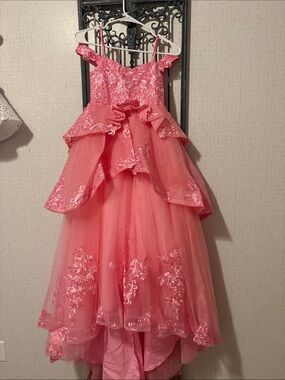 Girls' Ruffled Lace Tulle Party Dress in Coral Pink